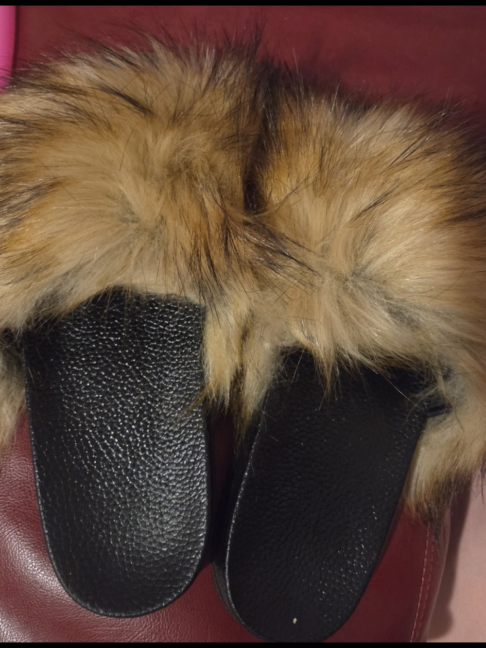 Faux Fur Black Slide Sandals with Tan Fur Trim